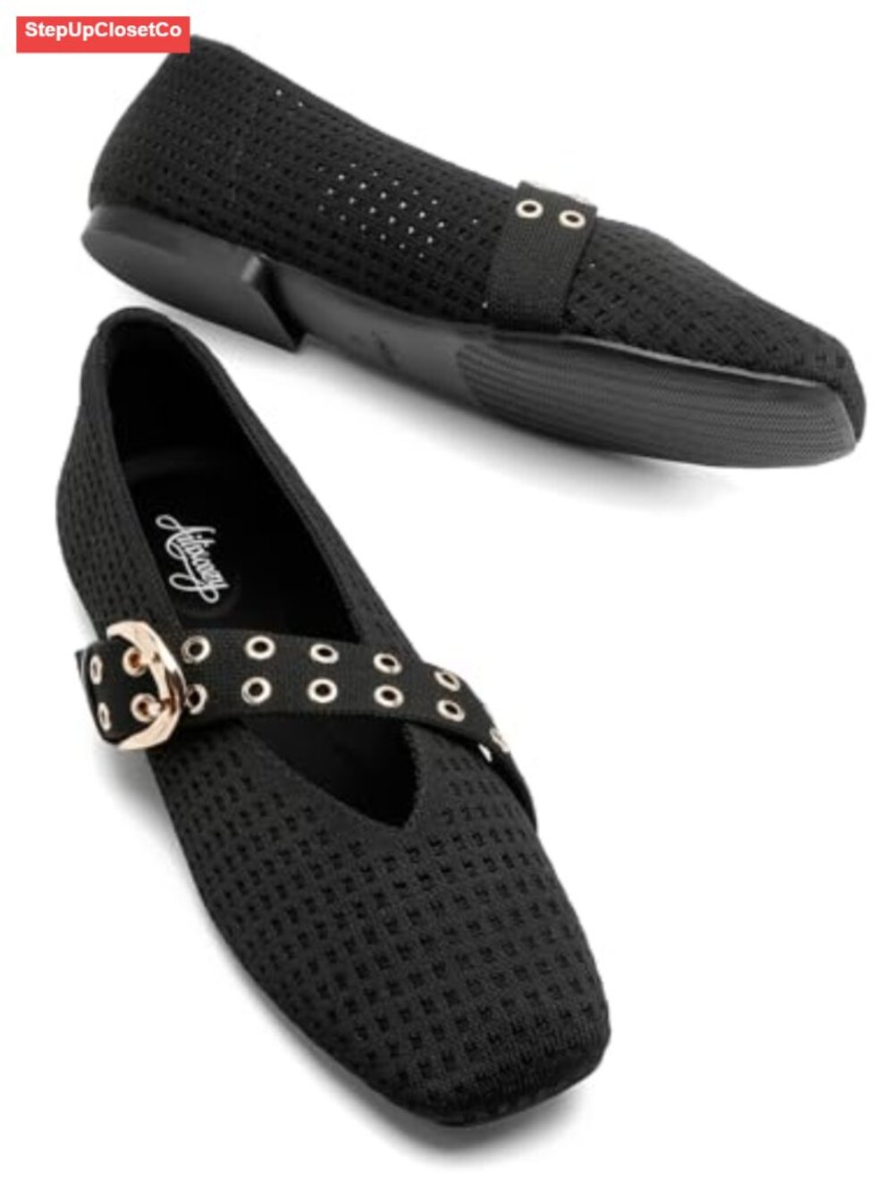 Women's Square Toe Mary Jane Flats with Max Buckle, Breathable Mesh, Arch